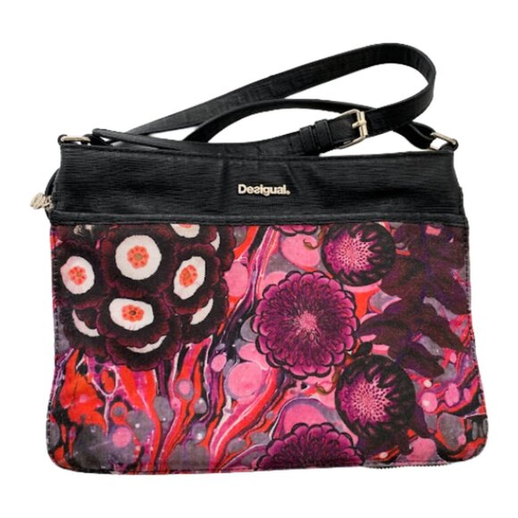DESIGUAL Floral Pink Purple Black Faux Leather Crossbody Bag - Picture 2 of 15